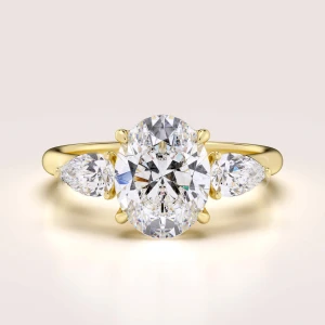 Bague de fiançailles en 24h Trinity avec moissanite de 2 ct taille ovale entourée de pierres en forme de poire – Seraphina en or 14k